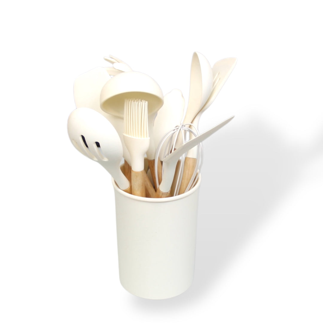 Silicone Utensils Cooking Set 10 Piece with a Holder - ivory Cream White