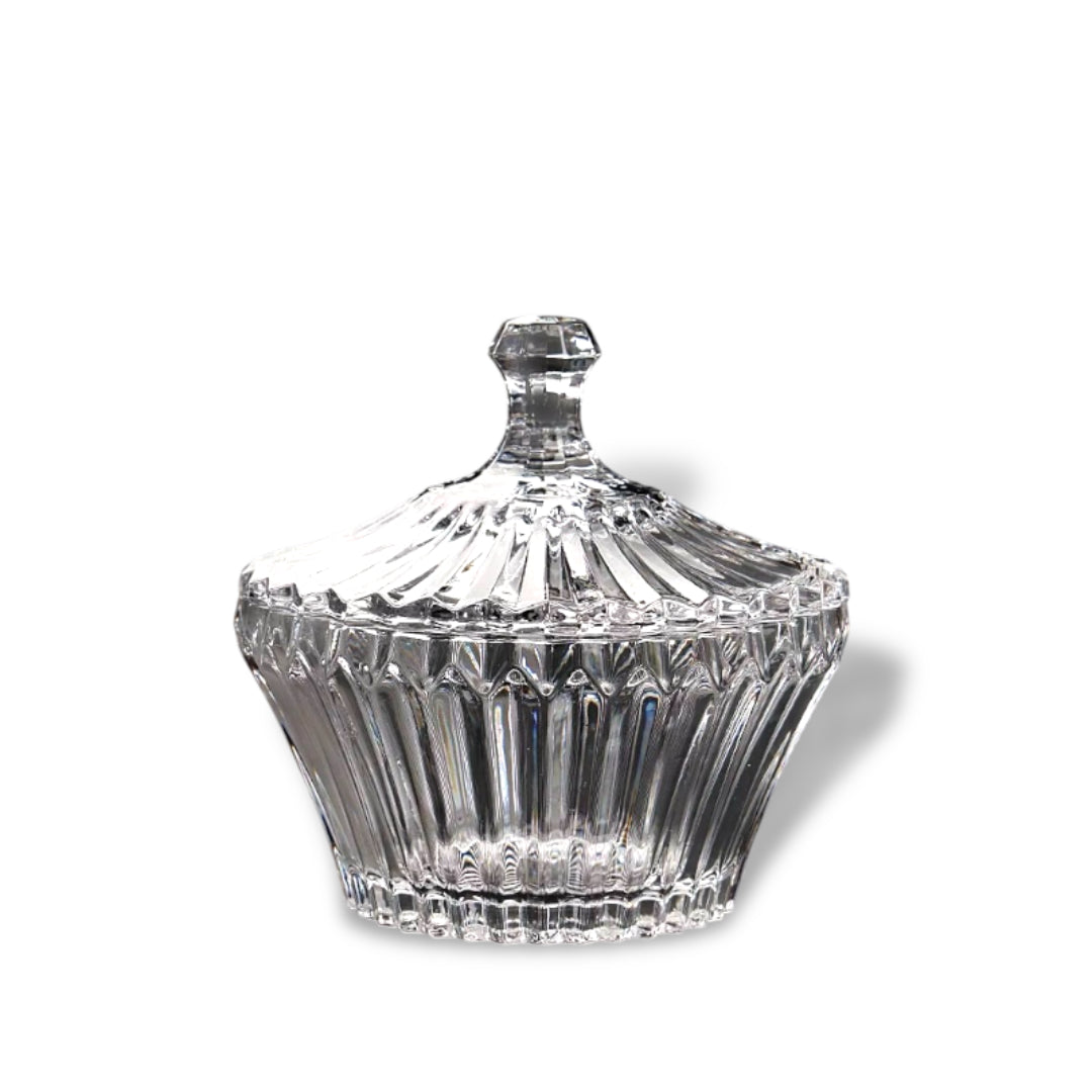 Medium Size Crystal Glass Candy Sugar Bowl with Lid Lined Design - Clear Finish