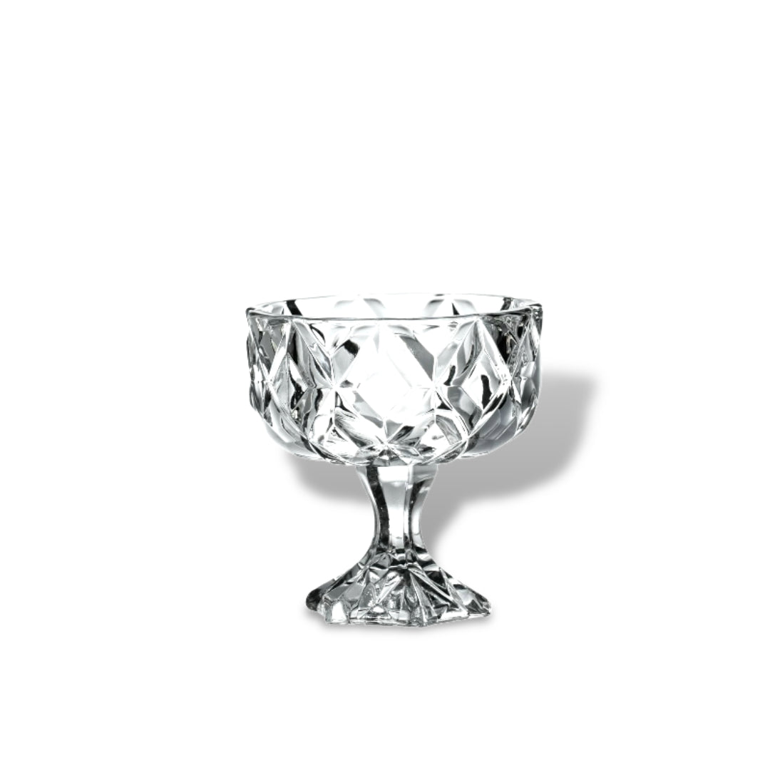 Large Crystal Glass Bowl with Long Stand Leg Base and Lid - Diamond Cut Design Clear Finish