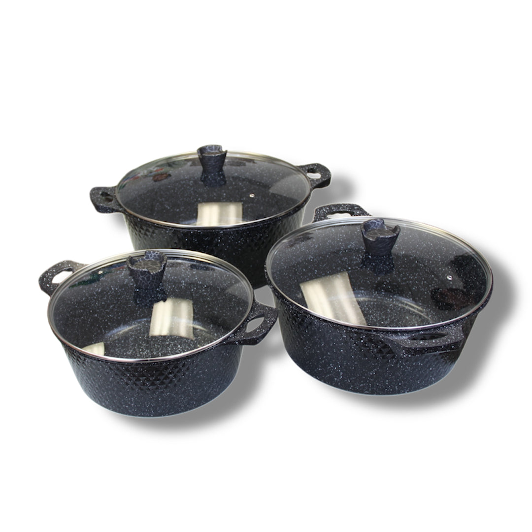 Large Cookware Set Of 6 Pieces Non Stick Granite Lining Oven Safe Double Ear Handles in Black Finish