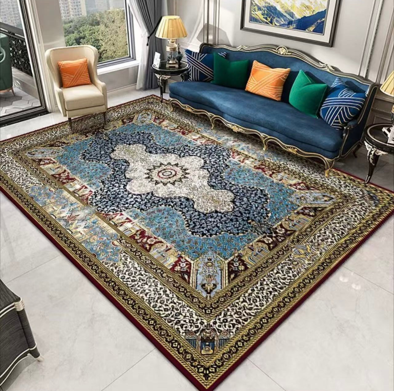(#53) Blue Shiraz– 7’x9’ Stain resistant & Machine Washable Persian-Inspired Area Rug Carpet