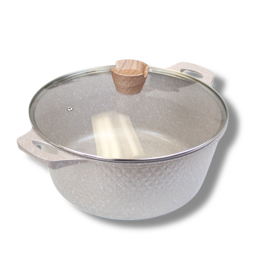 Large Cookware Set Of 6 Pieces Non Stick Granite Lining Oven Safe Double Ear Handles in Champagne Gold Finish