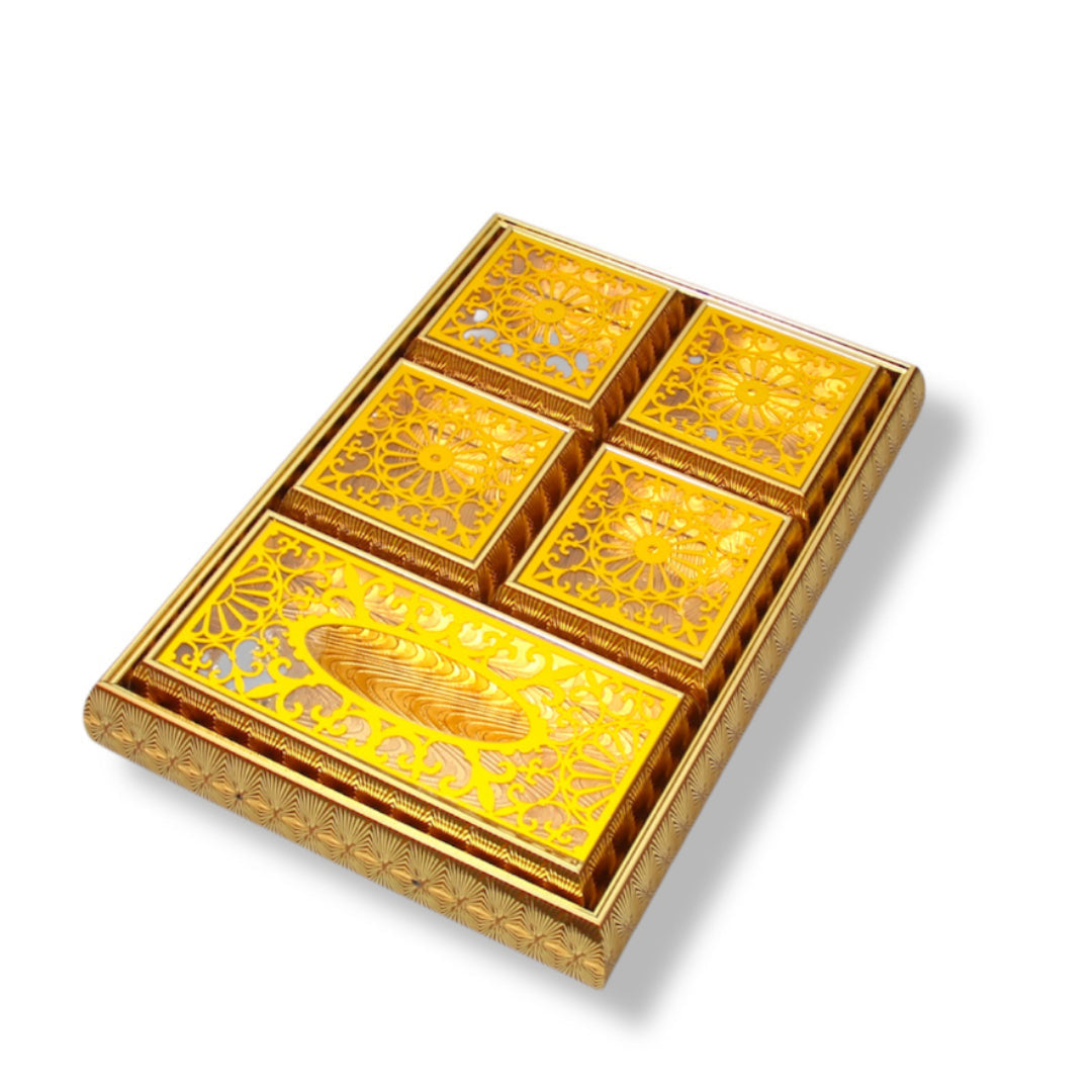 6-Piece Acrylic Tray Set – 4 Compartments for Dry Fruits & Nuts, 1 Tissue Box Compartment, 1 Tray