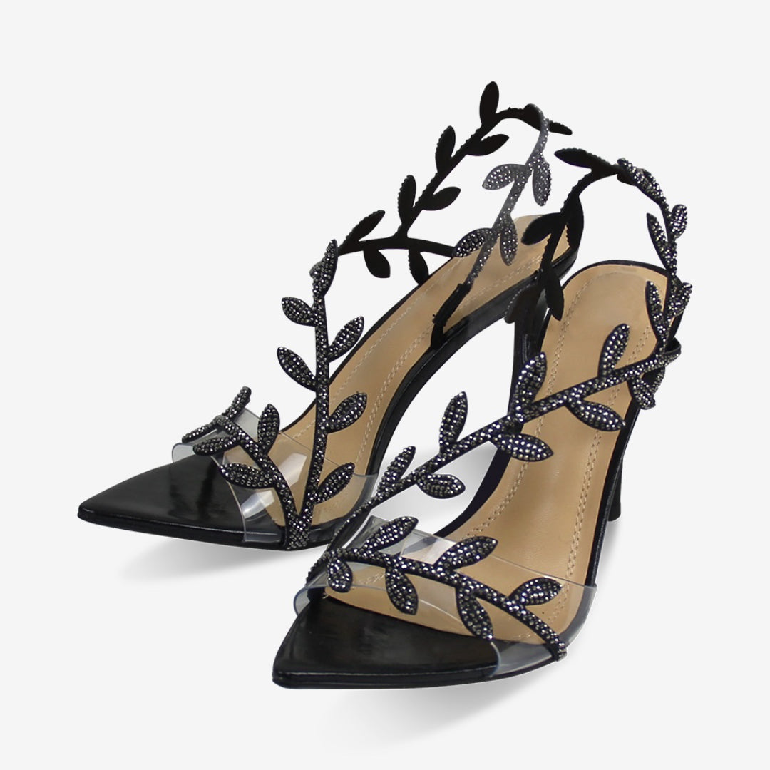 Women's Flavia Leaf Wrap Around Stiletto High Heeled Open Toe Sandals in Black Crystal Faux Leather