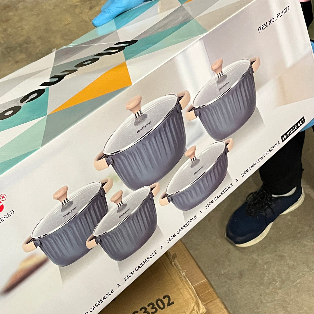 Momcoc 10 Piece Cookware Granite Non Stick Coated Set with Removable Silicone Handles - Blue