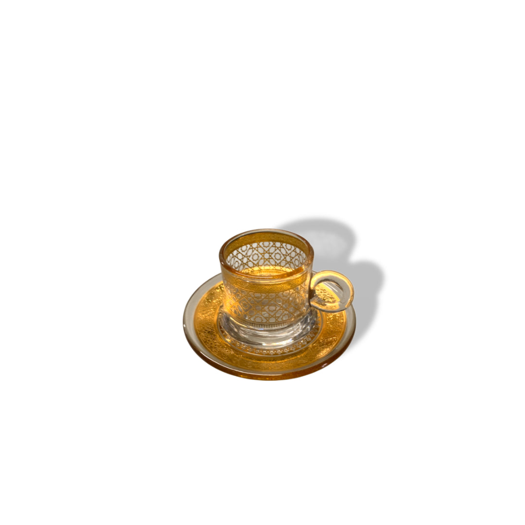 Coffee Crystal Glass Gold Rim Arabian Lined Design Set of 12 Pieces Tea Cups with Saucer