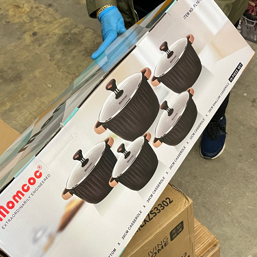 Momcoc 10 Piece Cookware Granite Non Stick Coated Set with Removable Silicone Handles - Chocolate Brown