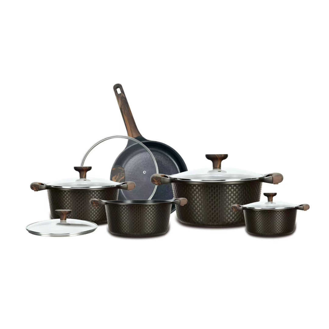 LIVE SPECIAL* Momcoc 10 Piece Cookware Granite Non Stick Coated Set with Wood Handles - Chocolate Brown