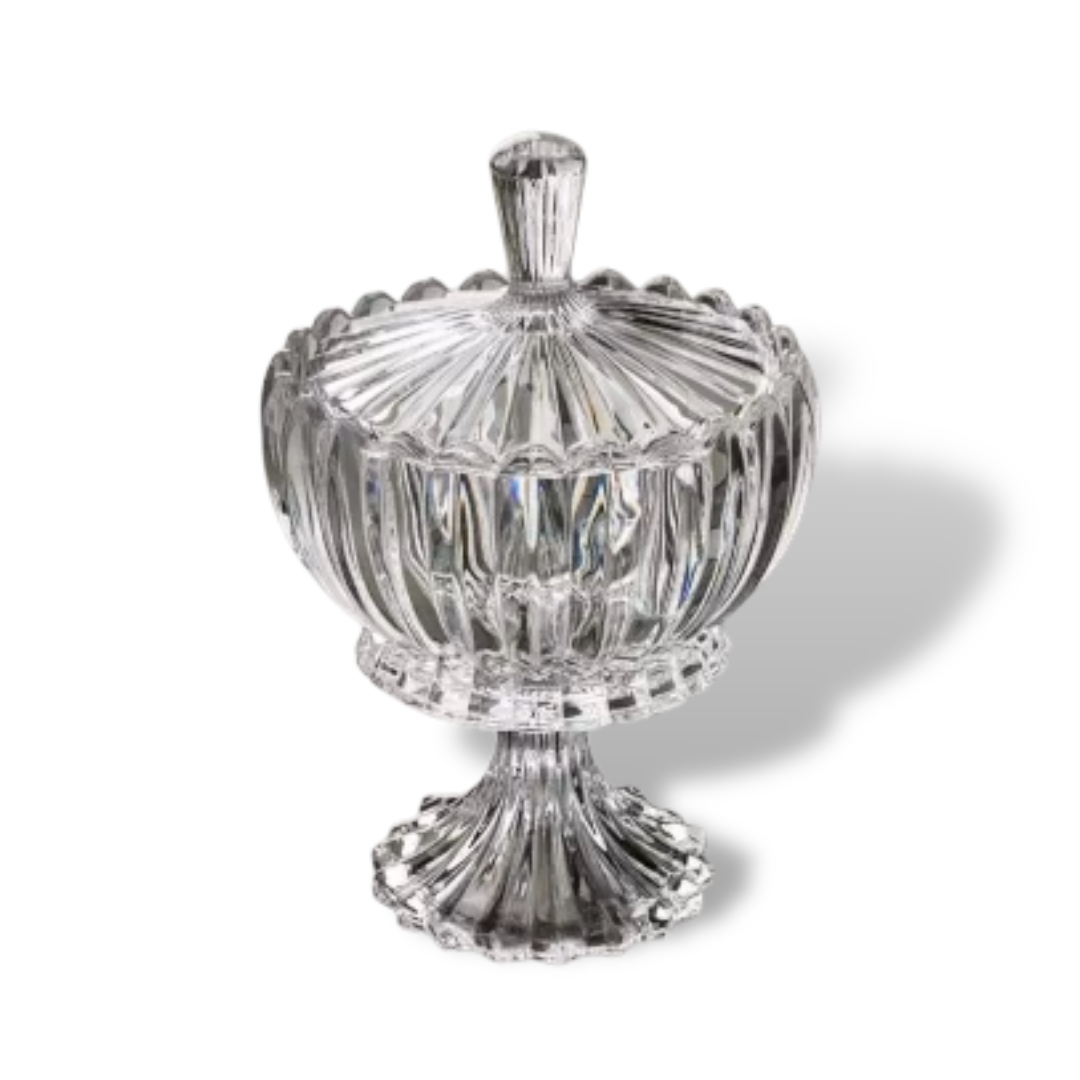 Large Crystal Glass Bowl with Long Stand Leg Base and Lid - Lined Design Clear Finish