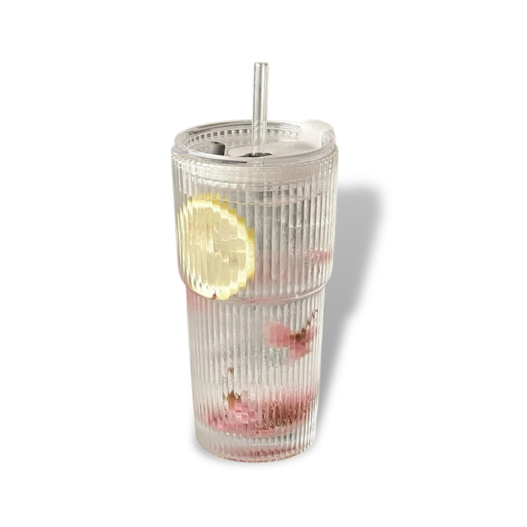 Large Capacity Glass Cup Striped Textured Design with Straw and Lid Washable for Juice and Coffee, 600 ml