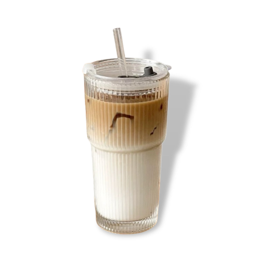 Large Capacity Glass Cup Striped Textured Design with Straw and Lid Washable for Juice and Coffee