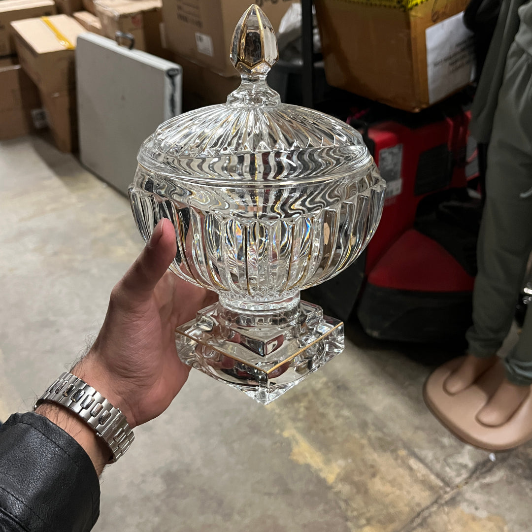 Large Crystal Glass Bowl with Long Stand Leg Base and Lid - Lined Design Clear and Gold Finish