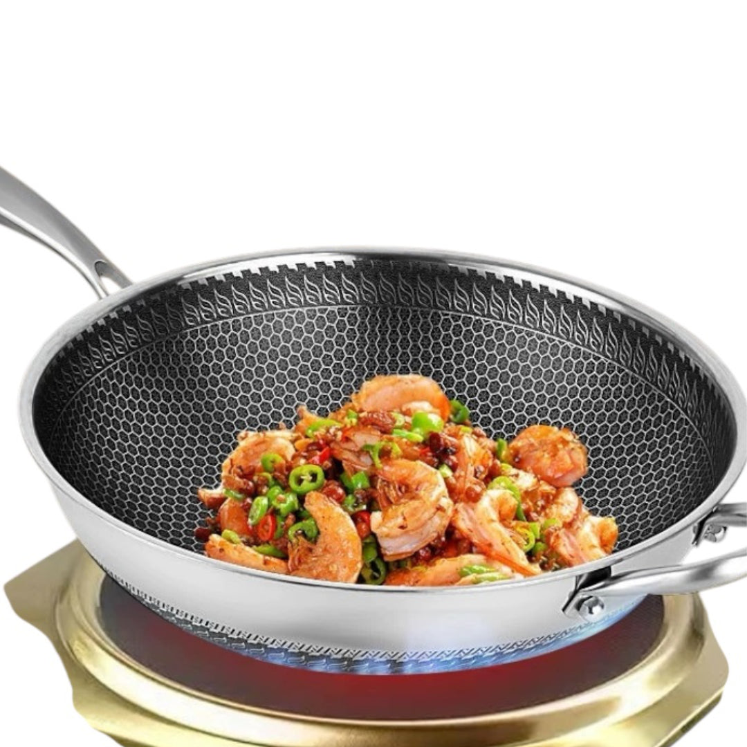 Stainless Steel Long Handle Induction Fry Pan Skillet Wok with Glass Lid - 34 CM