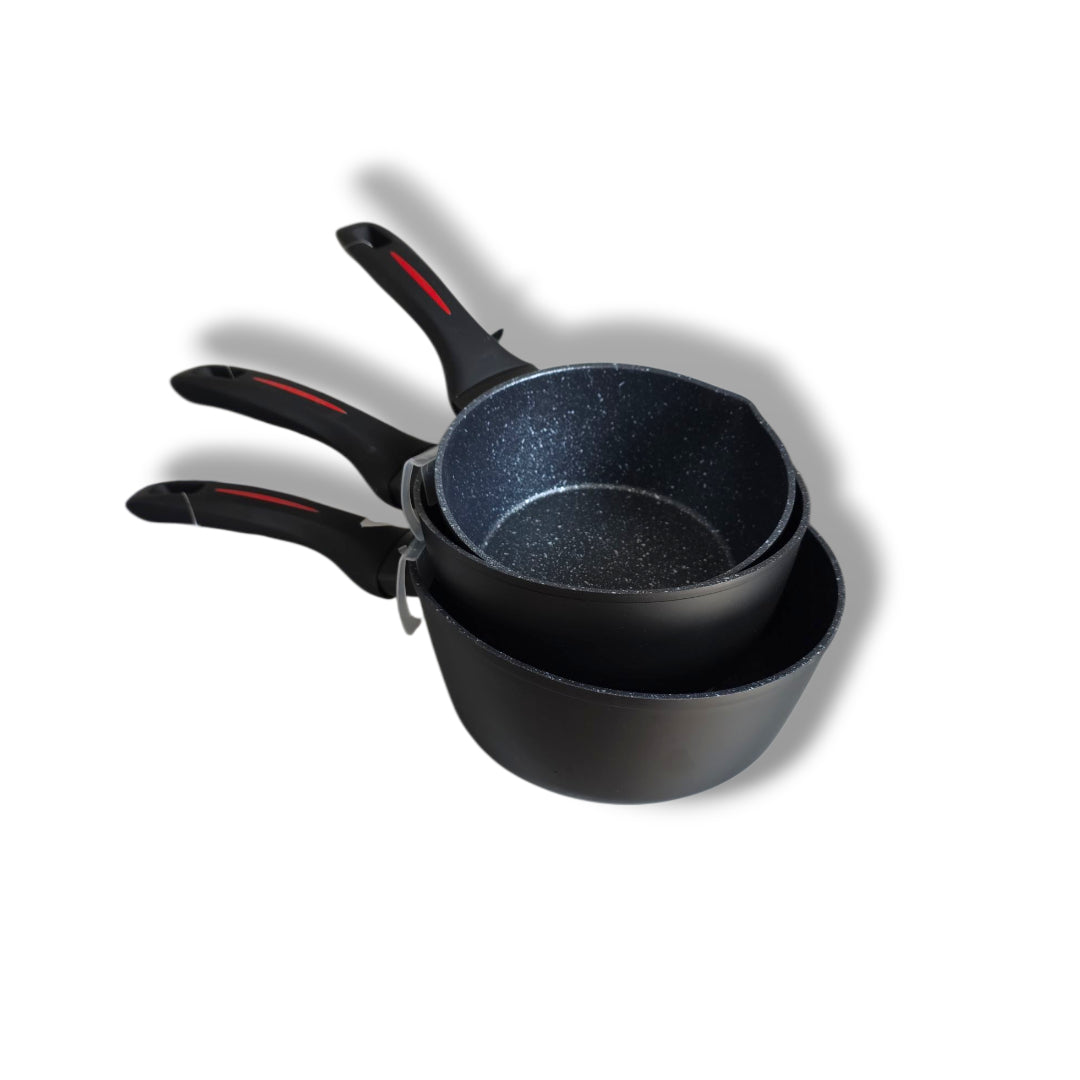 BST Bester Cookware Sauce Pan Set 6=3 Pieces Black Granite with Non Stick Lining Induction Base