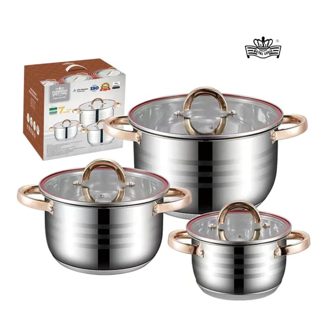6-Piece Stainless Steel Cookware Set – 7-Layer Steel with Rose Gold Handles and Glass Lids