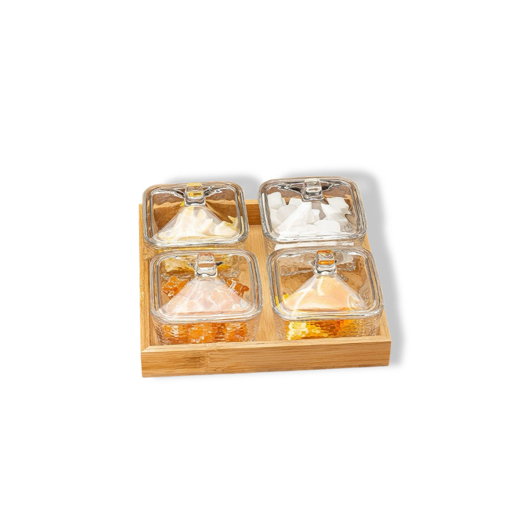 Glass Four Grid Fruit Plate and Mixed Nuts Household Coffee Table Set with Wooden Tray