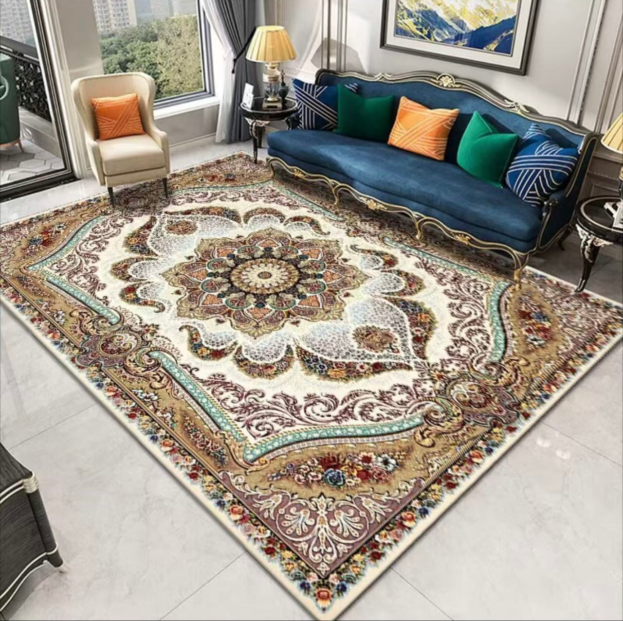 (#2) Kerman Cream – 7’x9’ Stain resistant & Machine Washable Persian-Inspired Area Rug Carpet