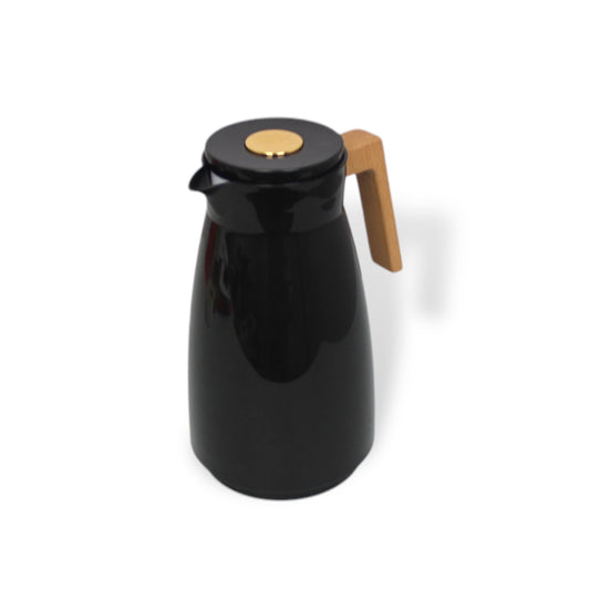 Vacuum 1 Litre Glass Insert Thermos Flask with Wood Handle in Black Glossy