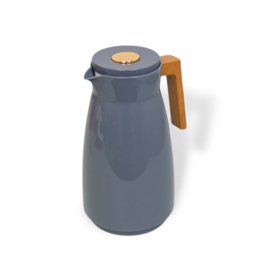 Vacuum 1 Litre Glass Insert Thermos Flask with Wood Handle in Grey Glossy