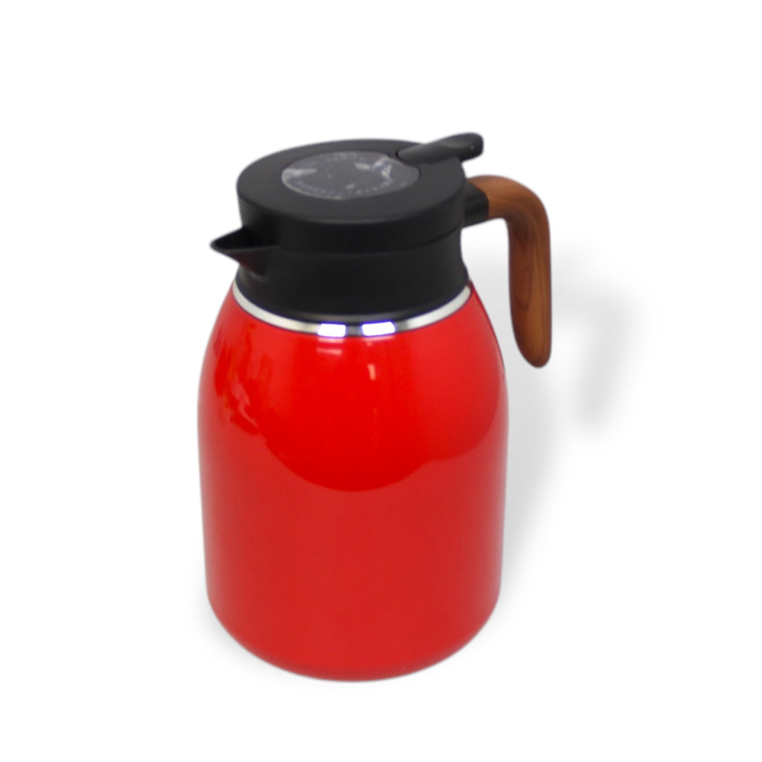 1.6 Litre Stainless Steel Insert Thermos Flask with Temperature and Wood Handle in Red