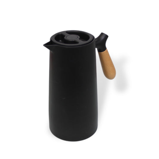 Nordic Style 1 Litre Glass Insert Thermos Flask with Wood Angle Handle in Black