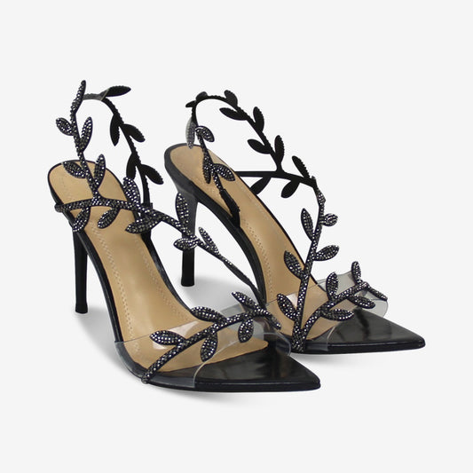 Women's Flavia Leaf Wrap Around Stiletto High Heeled Open Toe Sandals in Black Crystal Faux Leather