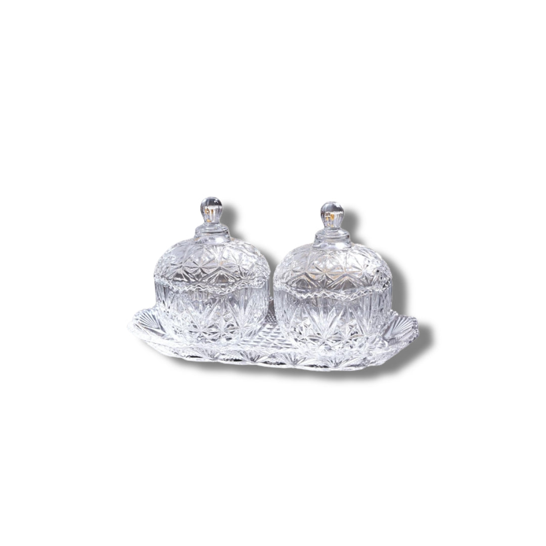 Crystal Sugar Glass Bowl with Lids set of 2 with Crystal Tray - Clear Finish