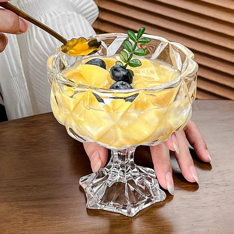 Large Crystal Glass Bowl with Long Stand Leg Base and Lid - Diamond Cut Design Clear Finish
