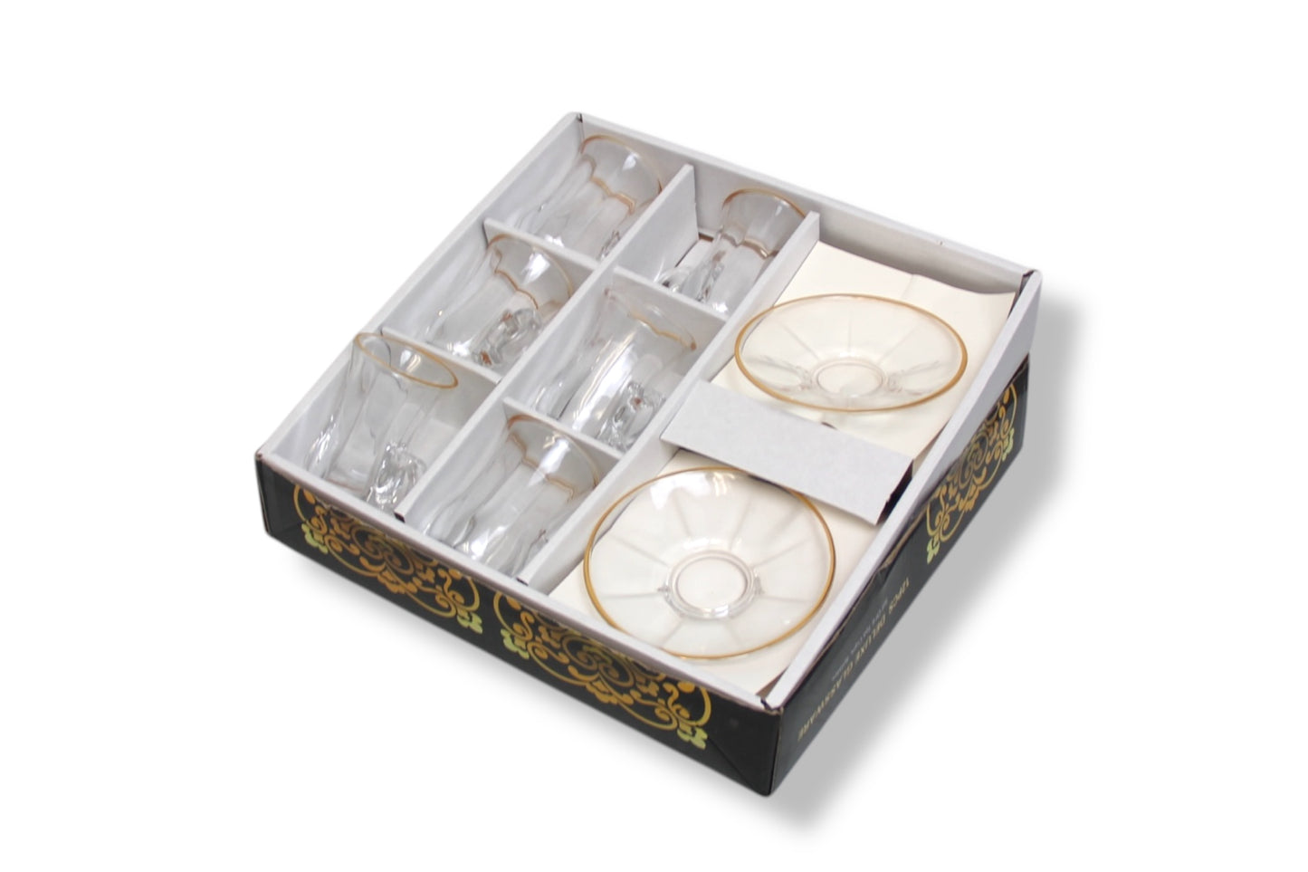 Crystal Glass Gold Rim Magnifying Design Set of 12 Pieces Tea Cups with Saucer