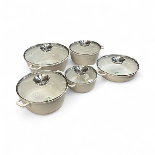 PLATINUM 10 Piece Cookware Granite Non Stick Coated Set with Removable Silicone Handles - Ivory White