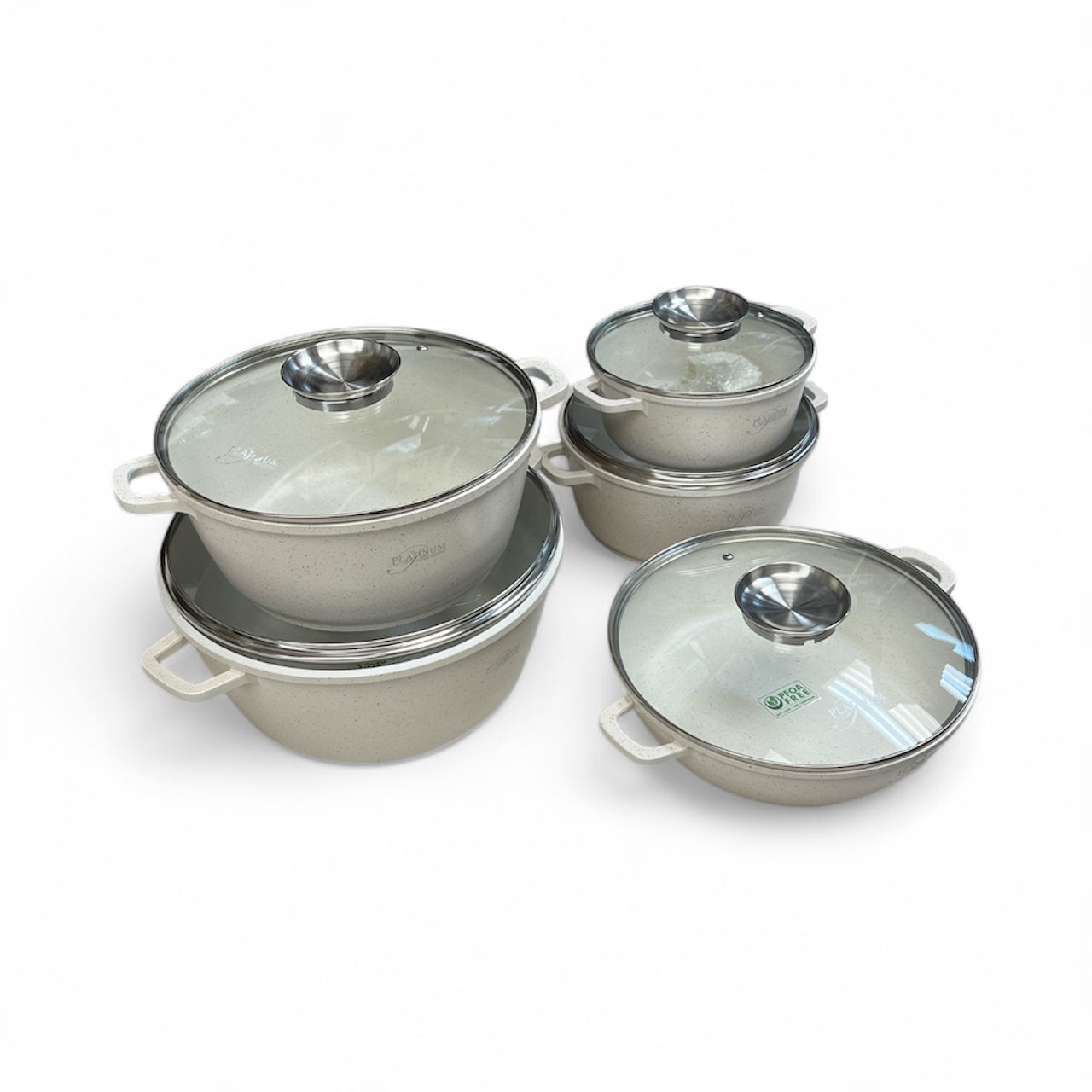 PLATINUM 10 Piece Cookware Granite Non Stick Coated Set with Removable Silicone Handles - Ivory White