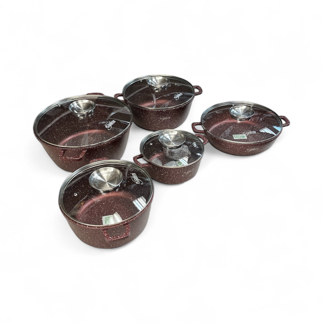 PLATINUM 10 Piece Cookware Granite Non Stick Coated Set with Removable Silicone Handles - Red Maroon