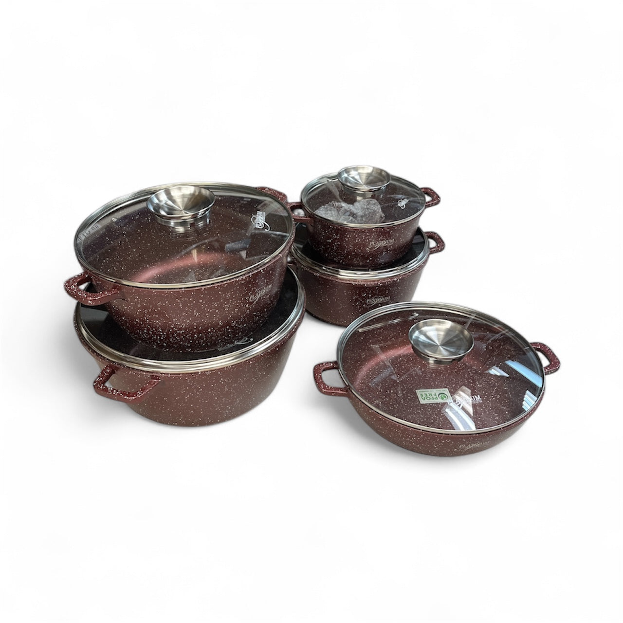 PLATINUM 10 Piece Cookware Granite Non Stick Coated Set with Removable Silicone Handles - Red Maroon