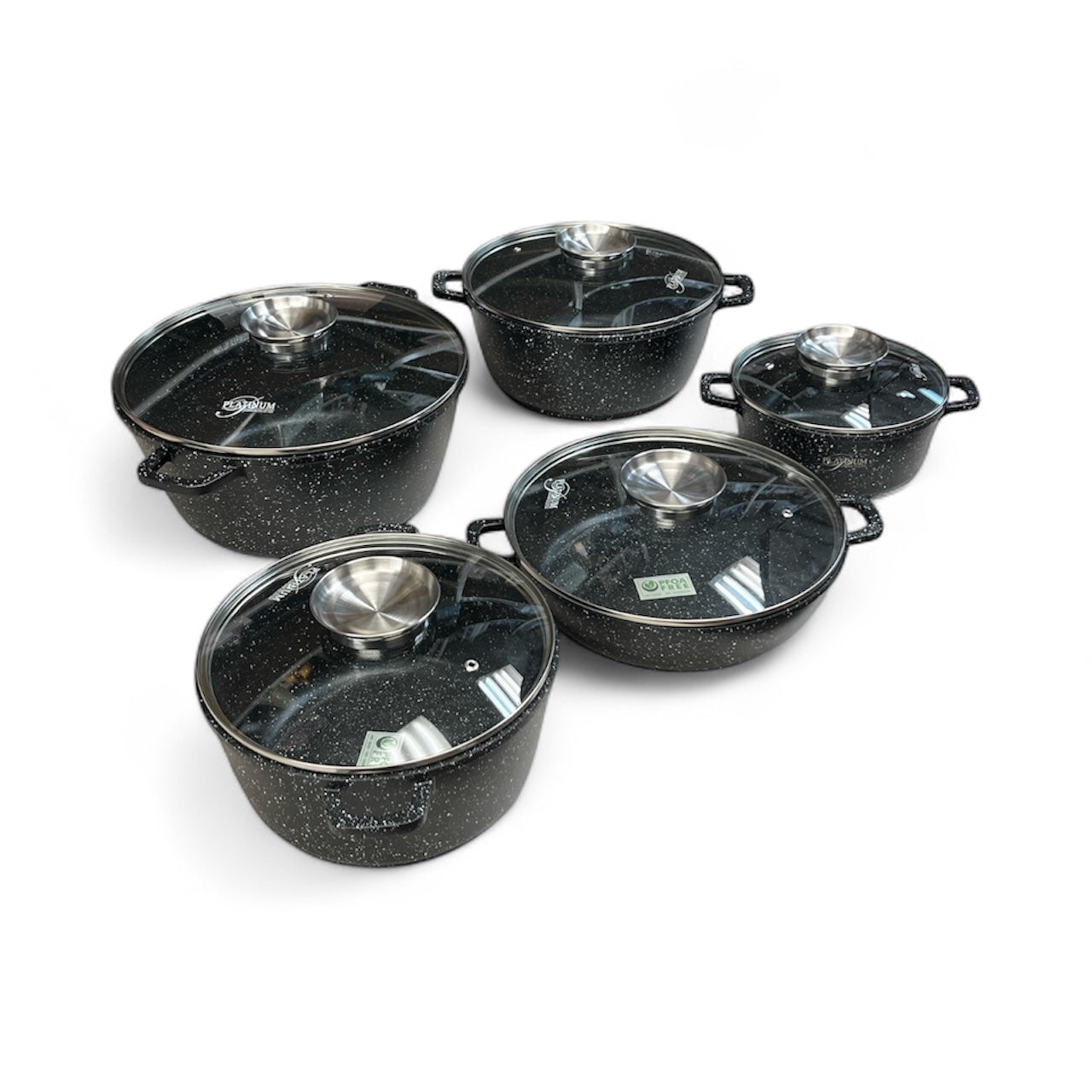 PLATINUM 10 Piece Cookware Granite Non Stick Coated Set with Removable Silicone Handles - Black