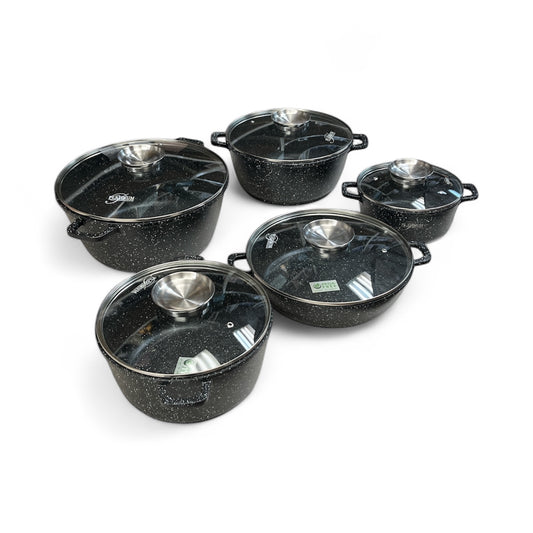 PLATINUM 10 Piece Cookware Granite Non Stick Coated Set with Removable Silicone Handles - Black