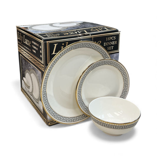 18 PIECE FINE PORCELAIN LUXURY DINNER WARE SET ROMAN KEY DESIGN - SILVER GOLD