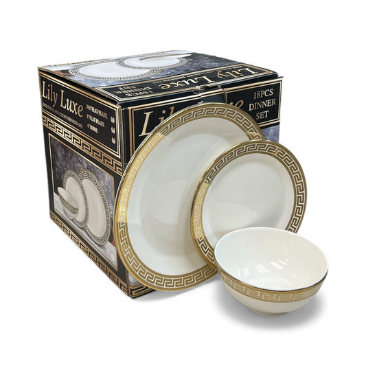 18 PIECE FINE PORCELAIN LUXURY DINNER WARE SET ROMAN KEY DESIGN - GOLD
