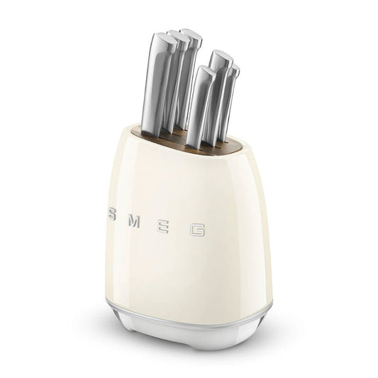 Smeg 7-Piece German Steel 50's Retro Style Knife Block Set, Cream Finish