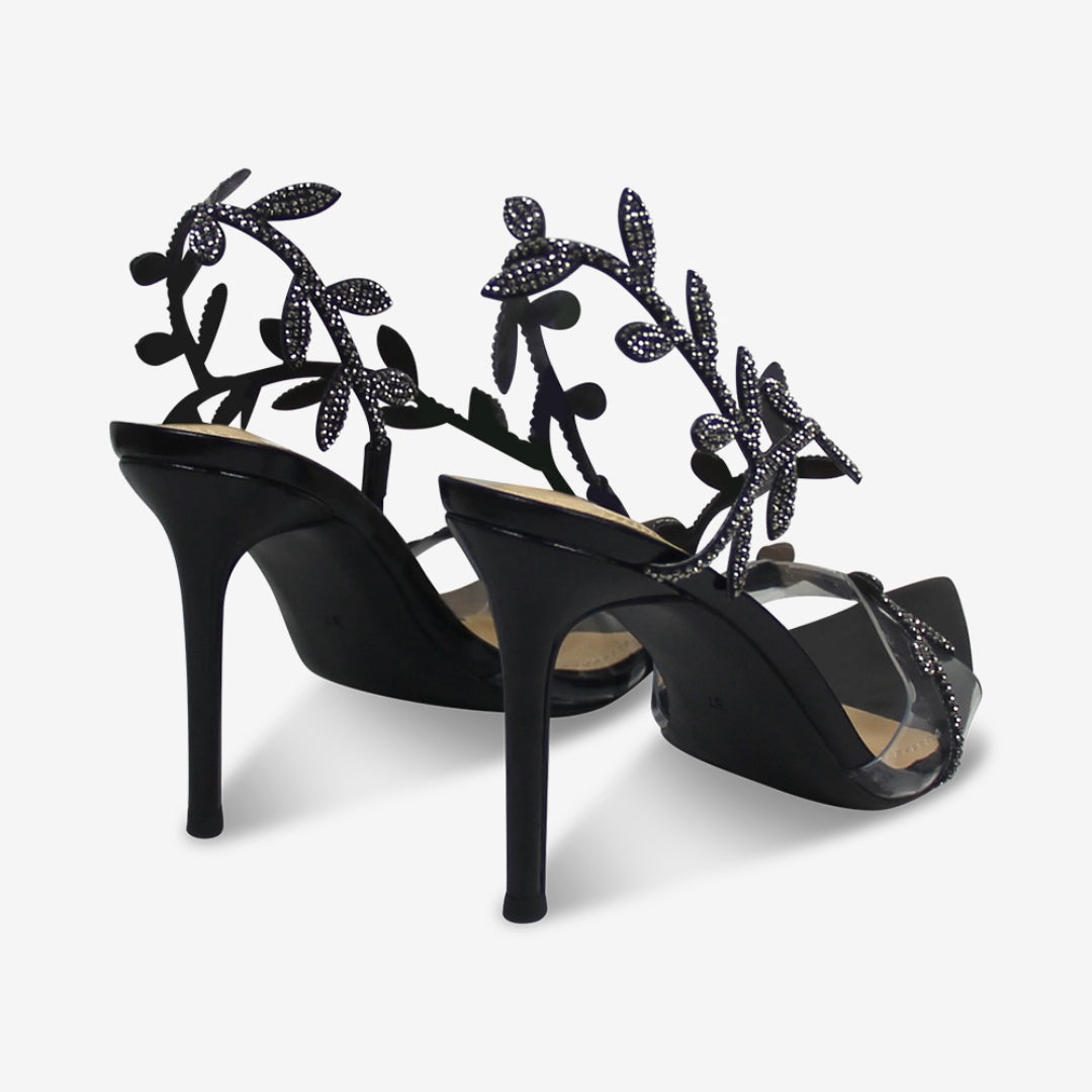 Women's Flavia Leaf Wrap Around Stiletto High Heeled Open Toe Sandals in Black Crystal Faux Leather