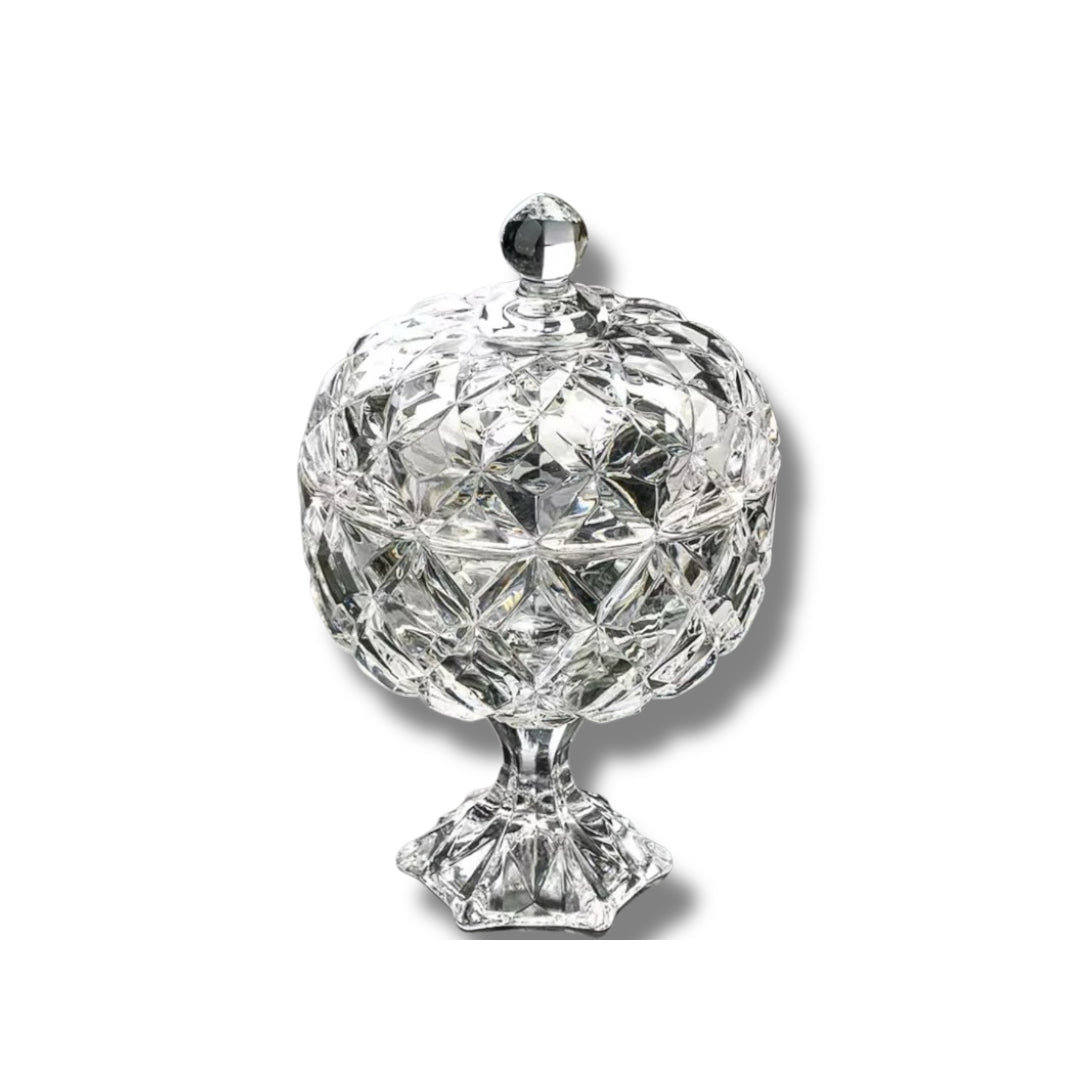 Large Crystal Glass Bowl with Long Stand Leg Base and Lid - Diamond Cut Design Clear Finish