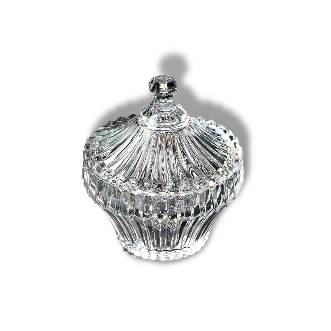 Medium Size Crystal Glass Candy Sugar Bowl with Lid Lined Design - Clear Finish
