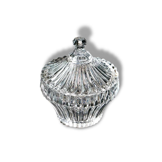 Medium Size Crystal Glass Candy Sugar Bowl with Lid Lined Design - Clear Finish