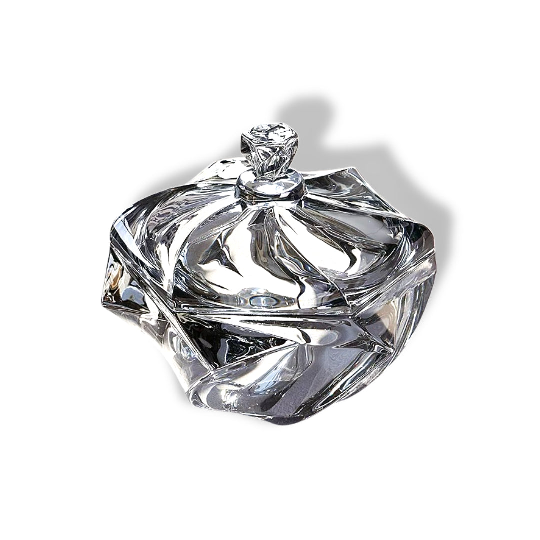 Crystal Glass Candy Jar with Lid Swirl Shaped Design in Clear Finish