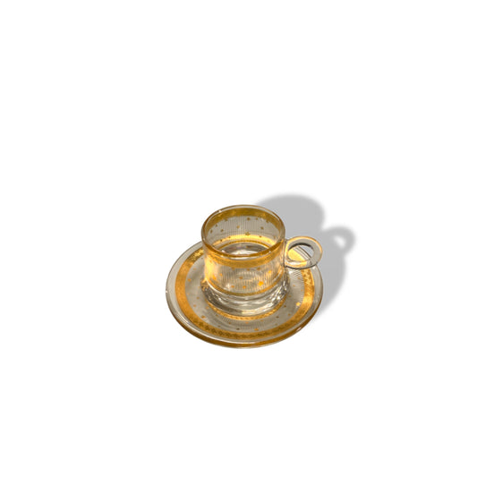 Coffee Crystal Glass Gold Rim Arabian Lined Design Set of 12 Pieces Tea Cups with Saucer