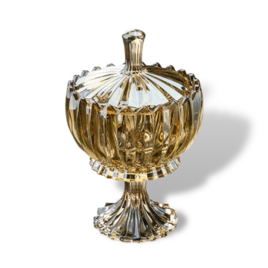 Large Crystal Glass Bowl with Long Stand Leg Base and Lid - Lined Design in Smoke Finish