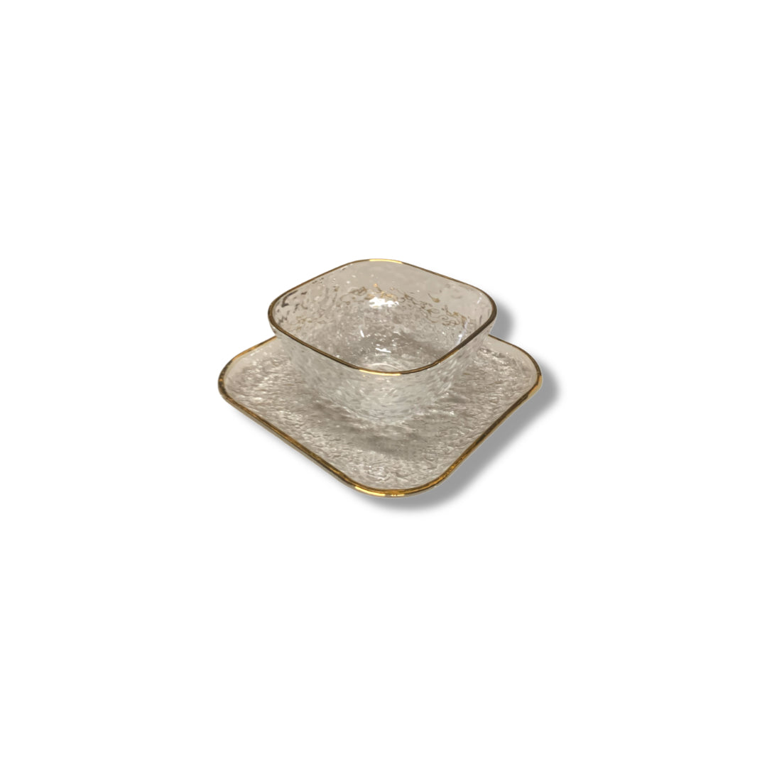 Set of 12 Pieces Gold Rim Bowl with Saucer Set in Box Crushed Ice Design Effect