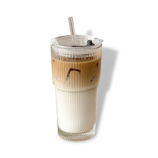 Large Capacity Glass Cup Striped Textured Design with Straw and Lid Washable for Juice and Coffee