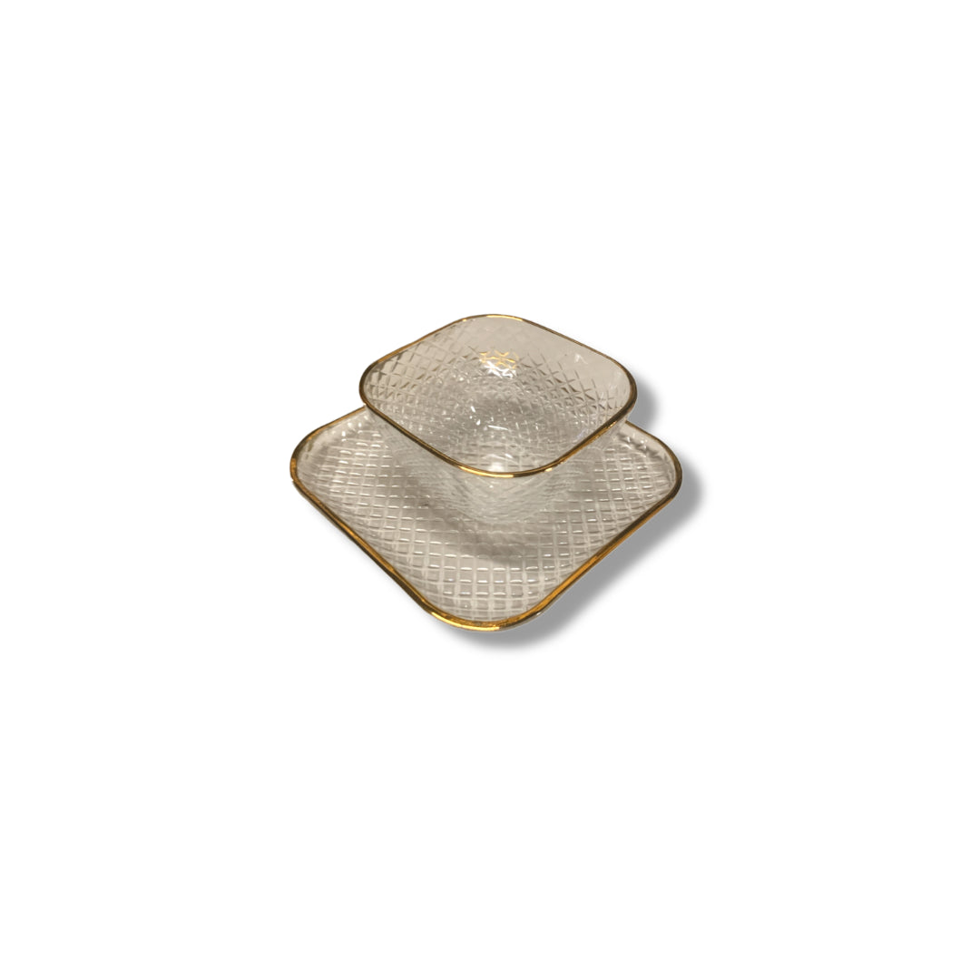 Set of 12 Pieces Gold Rim Bowl with Saucer Set in Box Diamond Chevron Cut Design Effect
