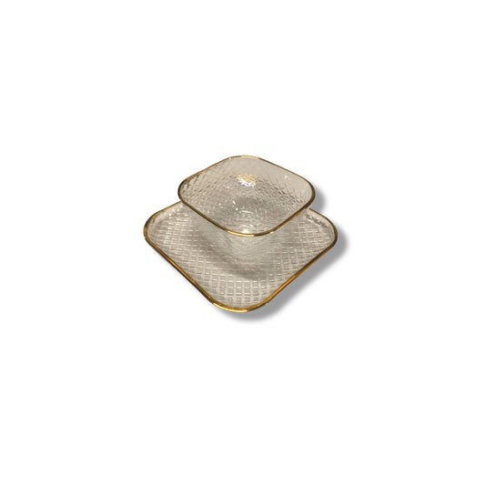 Set of 12 Pieces Gold Rim Bowl with Saucer Set in Box Diamond Chevron Cut Design Effect