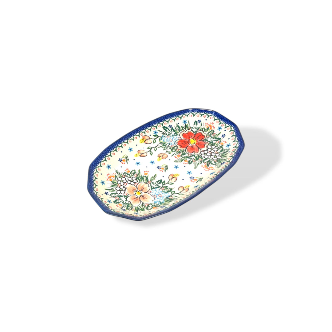 11-Inch Hand-Painted Floral Ceramic Serving Platter – Blue Border Design